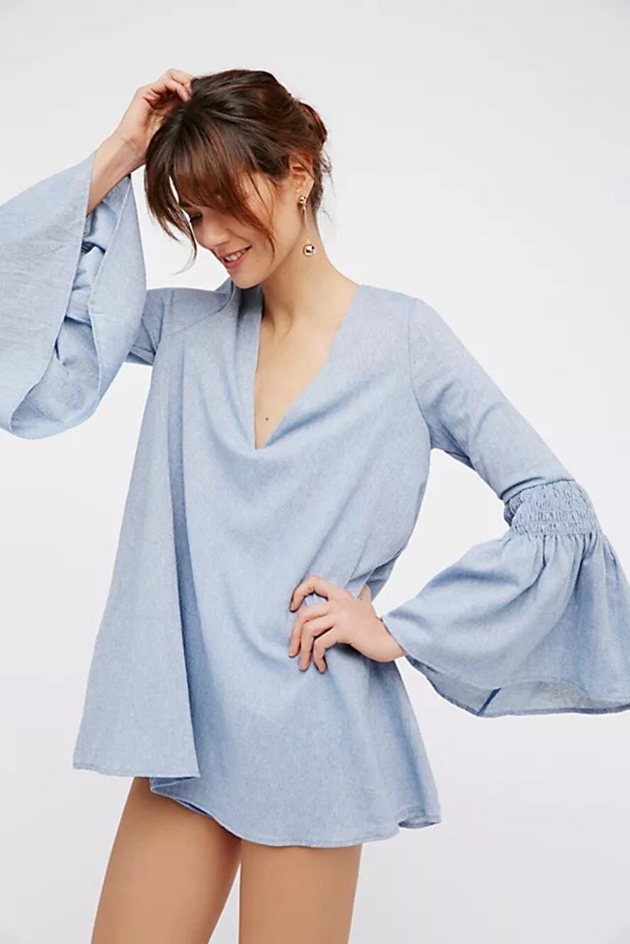 Free People Chambray Flare Sleeve Mini Dress Romper XS Deep V Festival Hippie
